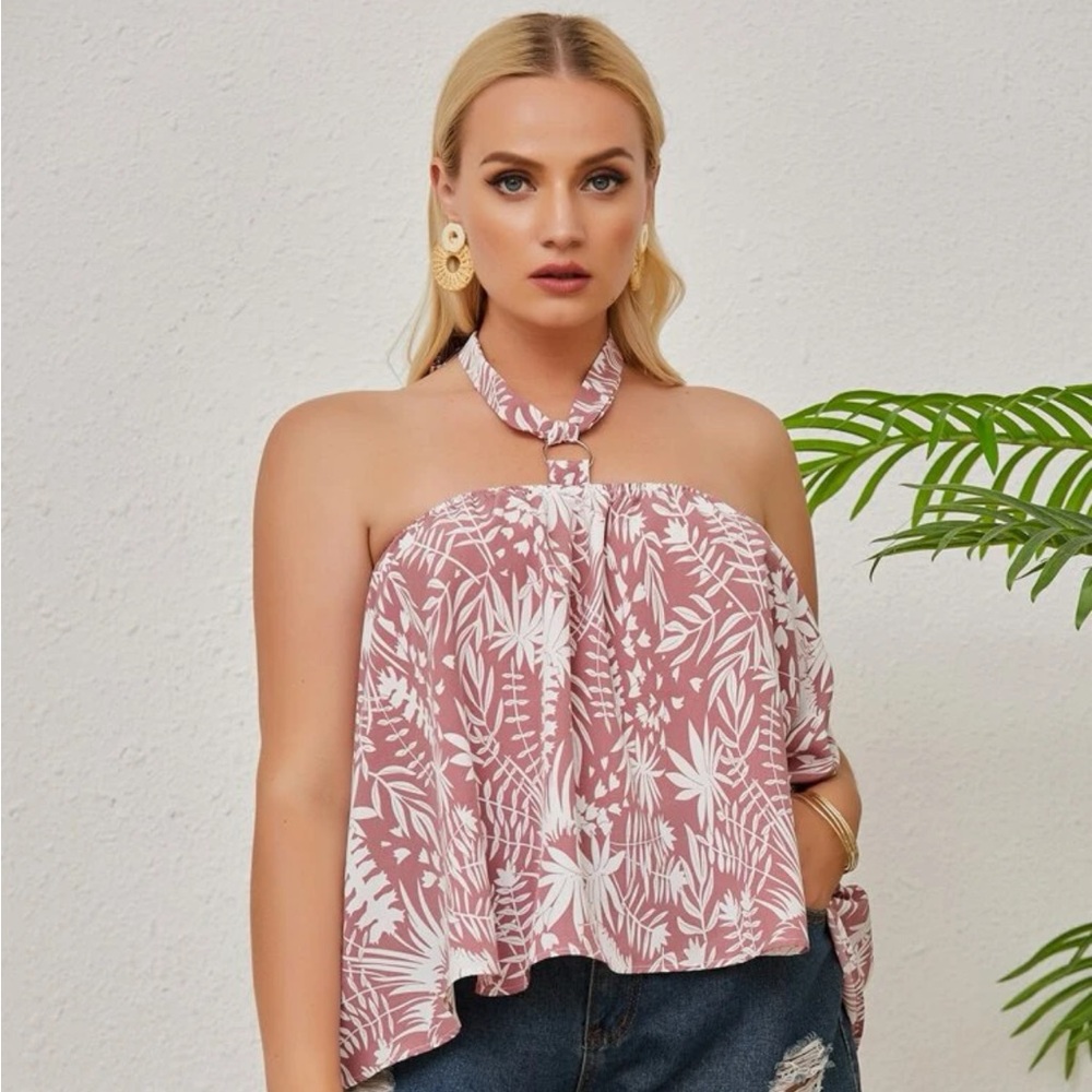 Tropical Print Backless Halter Top